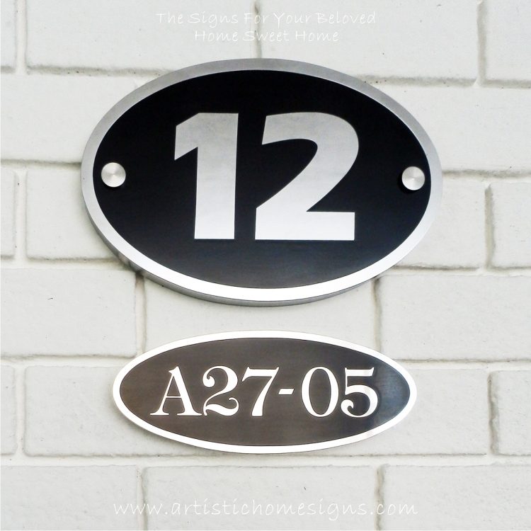 Oval Etching Black Base SS House Sign 12