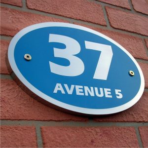 Oval Etching Blue Base SS House Sign 37