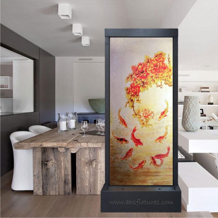 Artistic Waterfalls – Unique Handcrafted Etching Glass Feng Shui Divider Floor Fountain - Koi + Floral